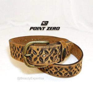 POINT ZERO Unisex Belt Brown Genuine Leather Hollow Geometric Motifs Boho Vtg.